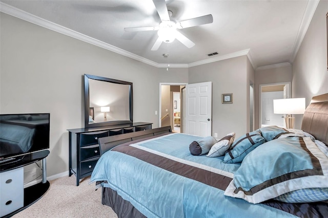 bedroom featuring ceiling fan, light colored carpet, and ornamental molding