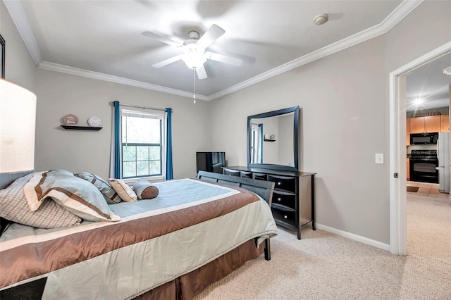 carpeted bedroom featuring white fridge, ceiling fan, and crown molding