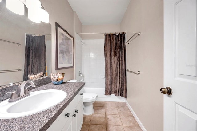 full bathroom featuring tile patterned flooring, shower / bath combination with curtain, toilet, and vanity