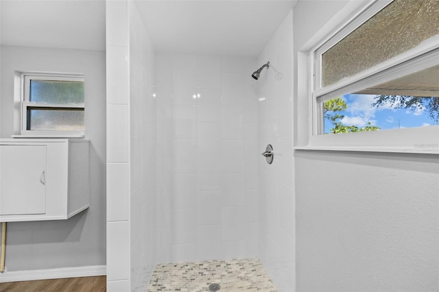 bathroom with wood-type flooring and tiled shower