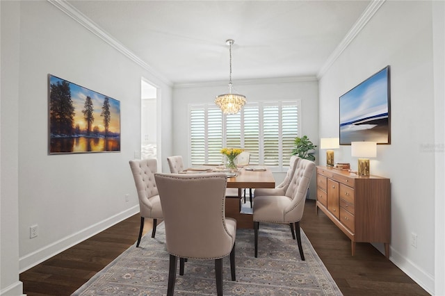 dining area with crown molding, dark hardwood / wood-style flooring, and a chandelier