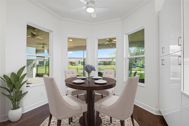 dining room with dark hardwood / wood-style flooring and crown molding