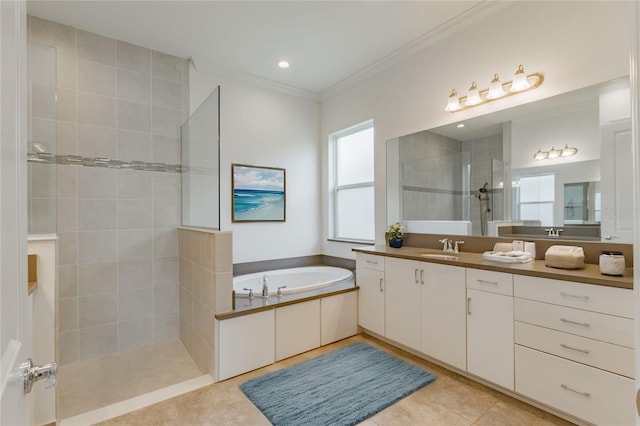 bathroom featuring tile patterned floors, vanity, ornamental molding, and plus walk in shower