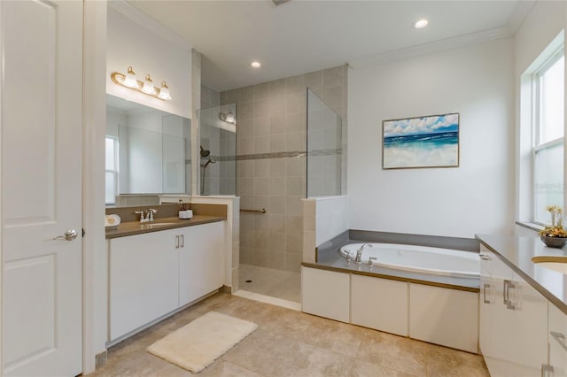 bathroom with vanity, tile patterned flooring, plus walk in shower, and ornamental molding