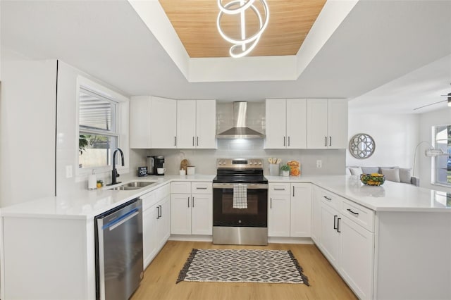 kitchen featuring wall chimney range hood, sink, a tray ceiling, kitchen peninsula, and stainless steel appliances