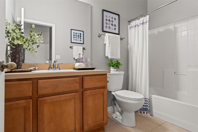 full bathroom featuring toilet, tile patterned flooring, vanity, and shower / tub combo with curtain