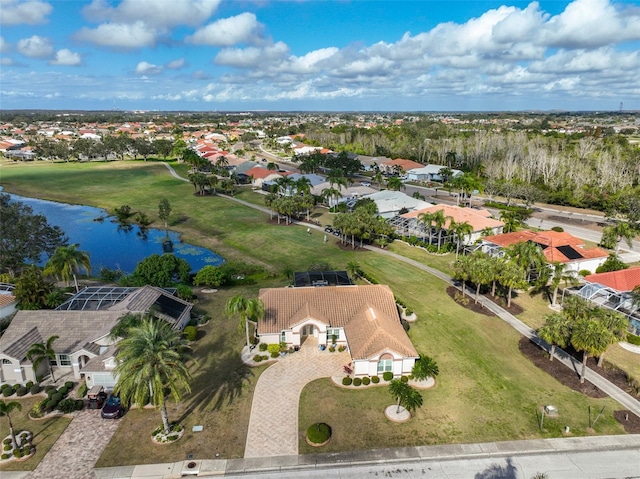 drone / aerial view with a water view