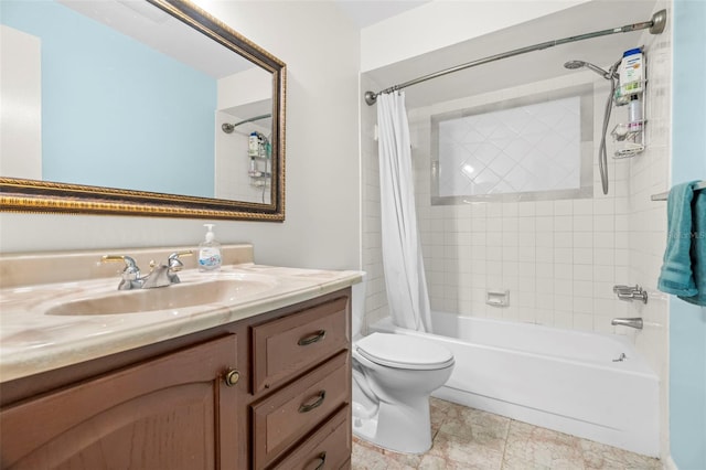 full bathroom featuring vanity, toilet, and shower / bathtub combination with curtain