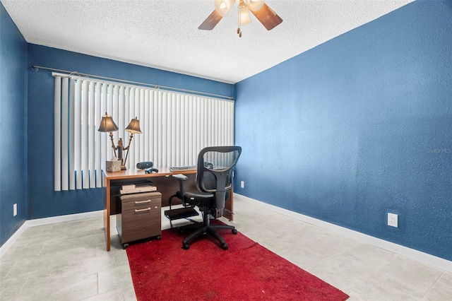 home office with ceiling fan and a textured ceiling