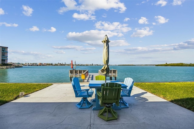 view of patio with a water view