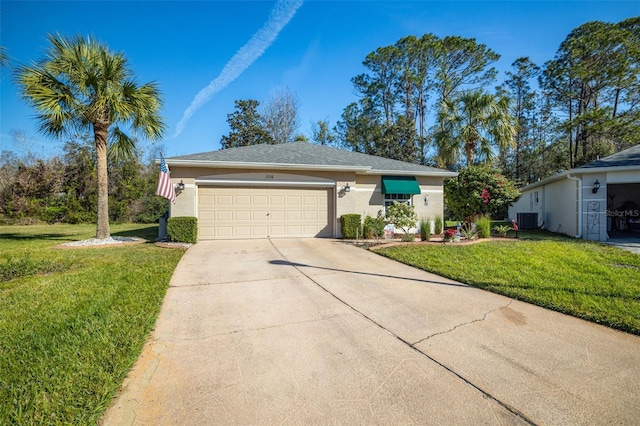 ranch-style home with a front yard, a garage, and cooling unit