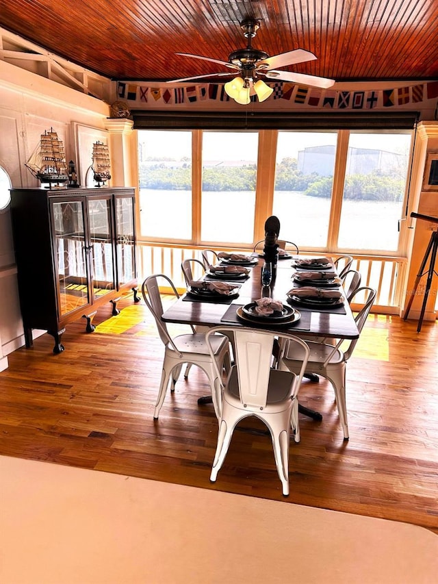 dining space with hardwood / wood-style floors, a water view, ceiling fan, and wood ceiling