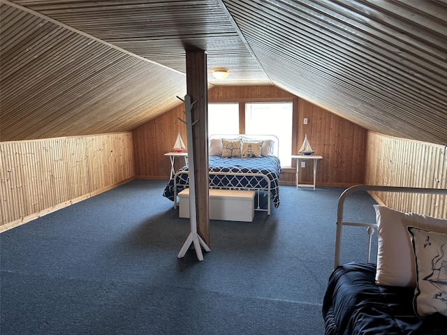 carpeted bedroom featuring wood ceiling, lofted ceiling, and wooden walls