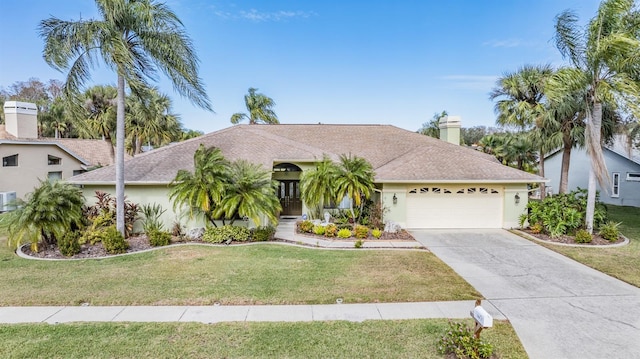 view of front of home with central AC unit, a garage, and a front lawn