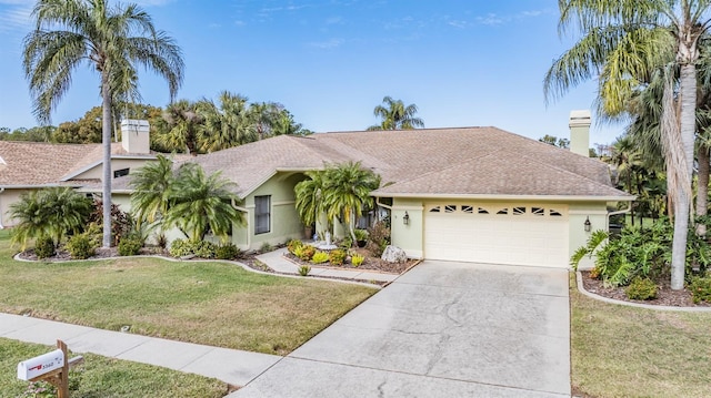 ranch-style house with a front yard and a garage