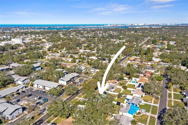 aerial view featuring a water view