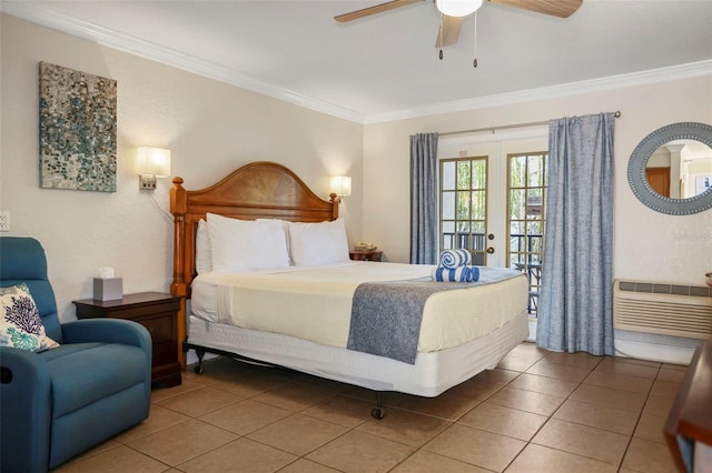 bedroom with tile patterned flooring, ceiling fan, crown molding, and french doors