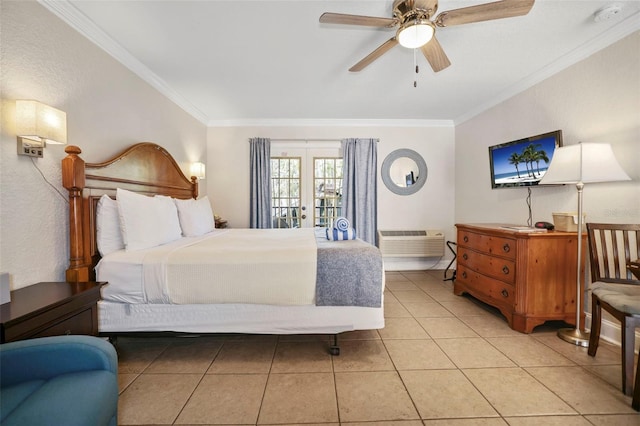 bedroom with french doors, crown molding, light tile patterned floors, an AC wall unit, and ceiling fan