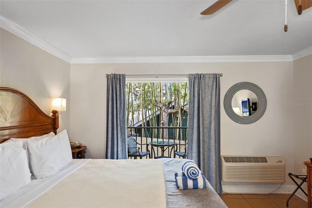 tiled bedroom featuring baseboards, a ceiling fan, access to exterior, crown molding, and an AC wall unit