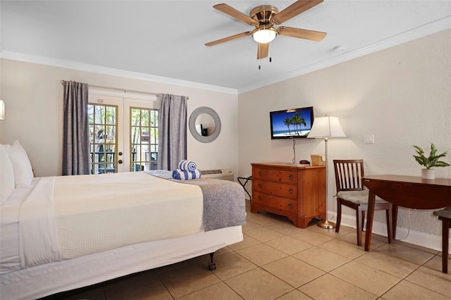 bedroom featuring french doors, crown molding, light tile patterned flooring, ceiling fan, and baseboards