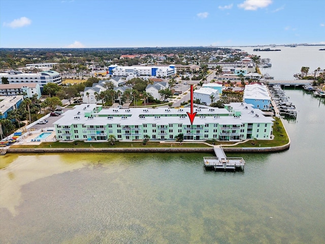 drone / aerial view with a water view