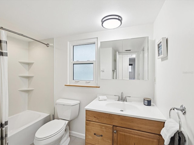 full bathroom with toilet, vanity, tile patterned flooring, and shower / bath combo with shower curtain