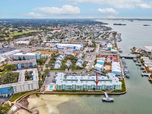 birds eye view of property featuring a water view