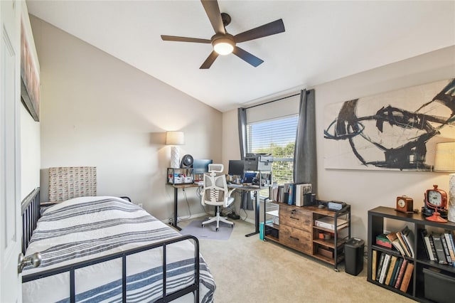 bedroom featuring light carpet, ceiling fan, and lofted ceiling