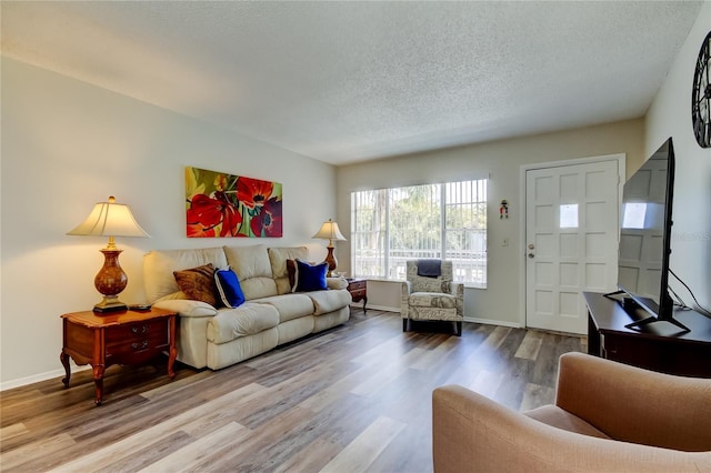 living room with hardwood / wood-style flooring and a textured ceiling