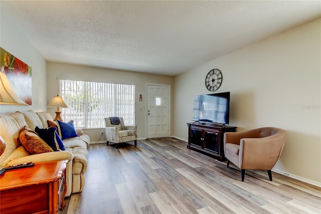 living room with hardwood / wood-style floors and a textured ceiling