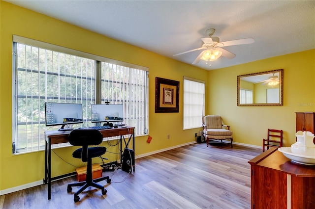 office with ceiling fan and light hardwood / wood-style floors