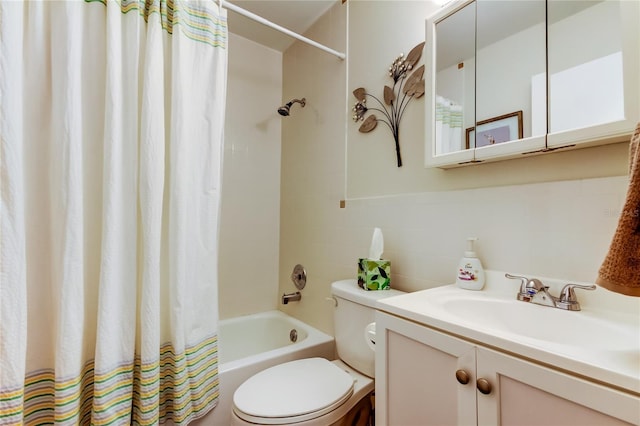 full bathroom with vanity, toilet, and shower / bathtub combination with curtain