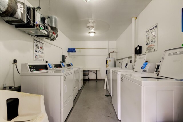 clothes washing area with washer and clothes dryer, ceiling fan, and electric water heater