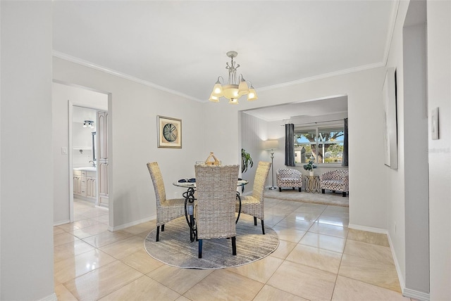 dining space with crown molding, light tile patterned flooring, and an inviting chandelier