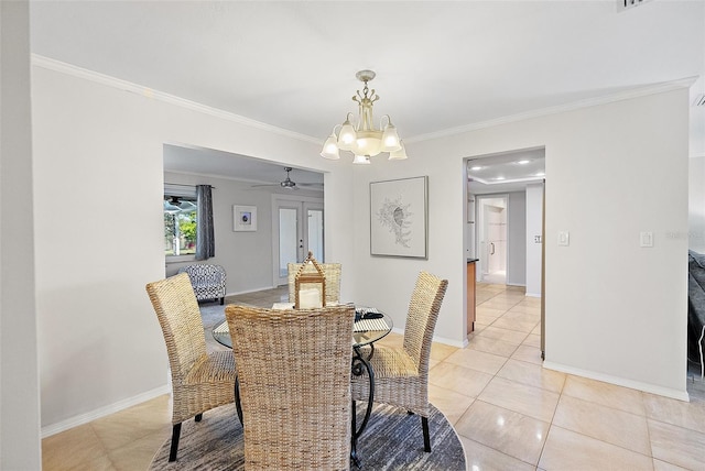 dining area with light tile patterned floors, a chandelier, and ornamental molding