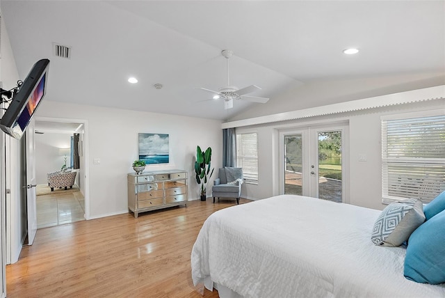 bedroom featuring ceiling fan, french doors, wood-type flooring, vaulted ceiling, and access to outside