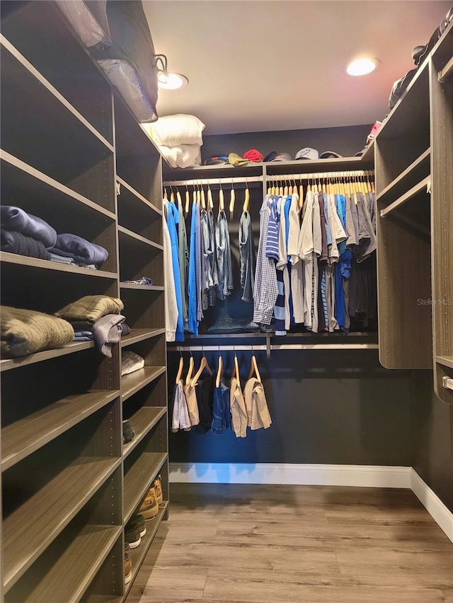 walk in closet with hardwood / wood-style floors