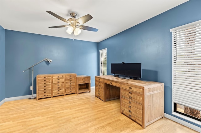 office space featuring ceiling fan, plenty of natural light, and light wood-type flooring