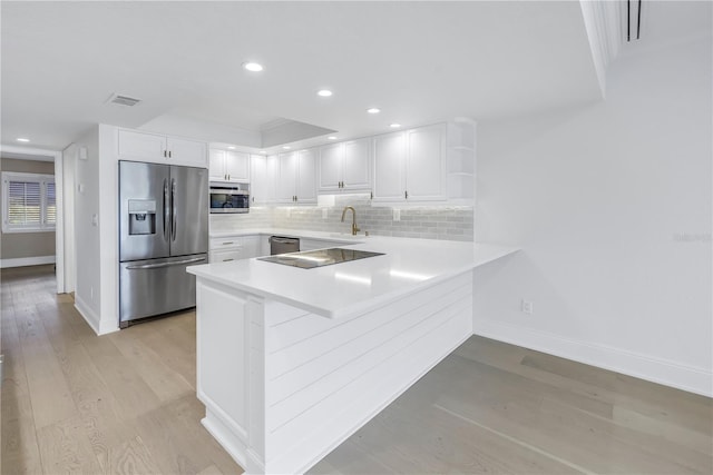 kitchen featuring white cabinetry, appliances with stainless steel finishes, kitchen peninsula, light hardwood / wood-style floors, and backsplash