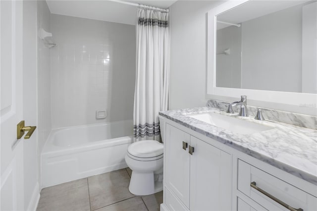 full bathroom featuring vanity, tile patterned flooring, shower / bath combination with curtain, and toilet