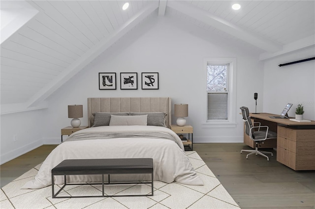 bedroom with vaulted ceiling with beams, hardwood / wood-style flooring, and wooden ceiling