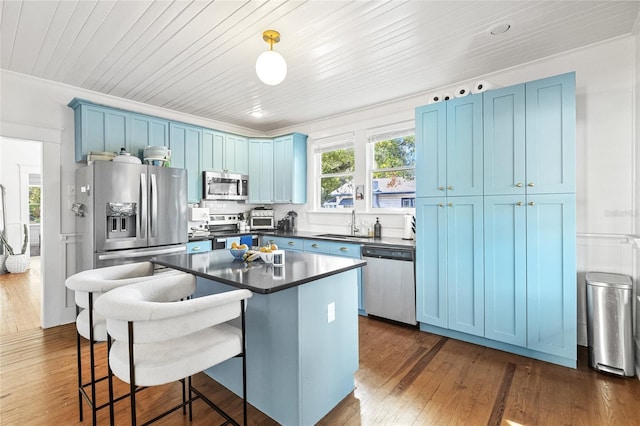 kitchen featuring blue cabinetry, a kitchen island, and stainless steel appliances