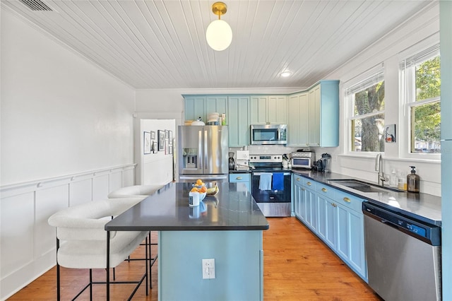 kitchen with light wood-type flooring, stainless steel appliances, sink, pendant lighting, and a kitchen island