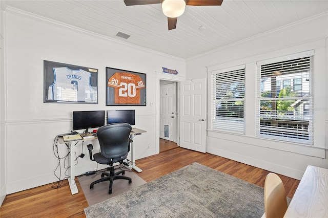 office area with ceiling fan, ornamental molding, wood ceiling, and hardwood / wood-style flooring