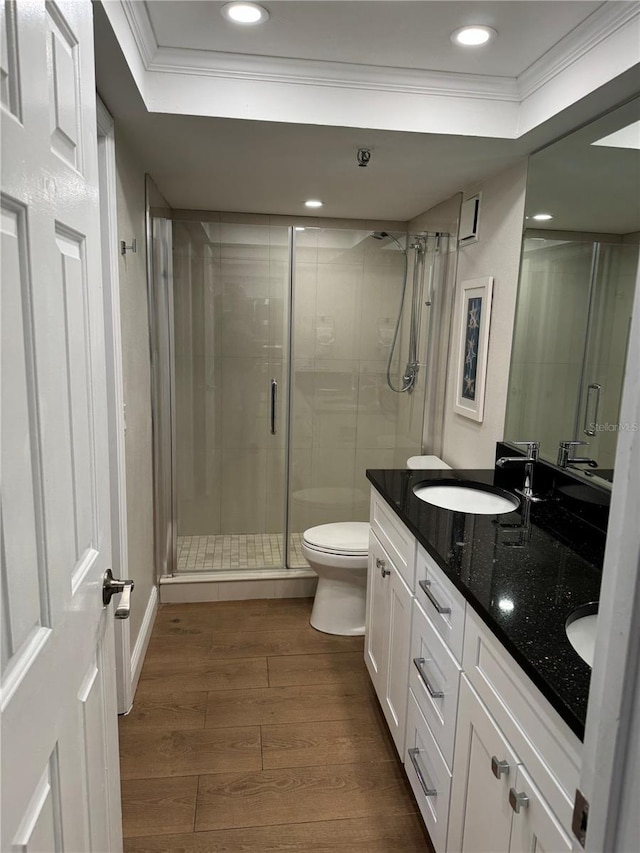 bathroom with a tray ceiling, hardwood / wood-style floors, vanity, and walk in shower