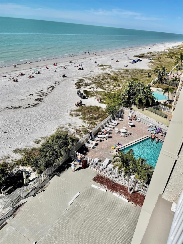 aerial view featuring a beach view and a water view