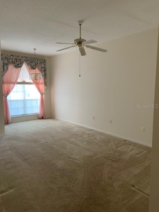 spare room with ceiling fan and carpet