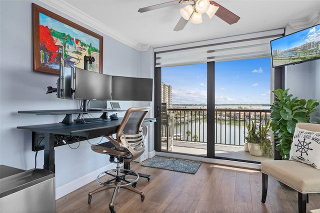 office space with floor to ceiling windows, ceiling fan, hardwood / wood-style floors, and ornamental molding