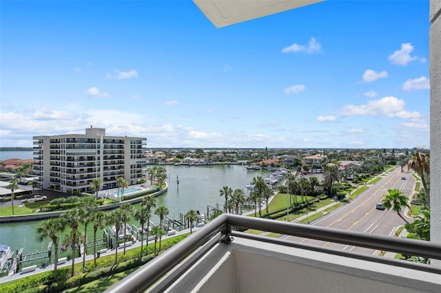 balcony featuring a water view