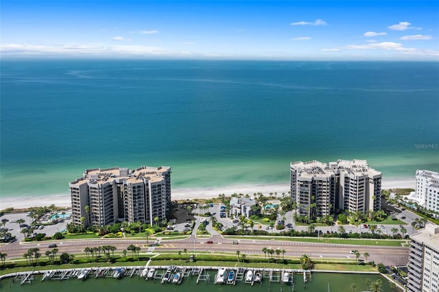 aerial view with a water view and a view of the beach